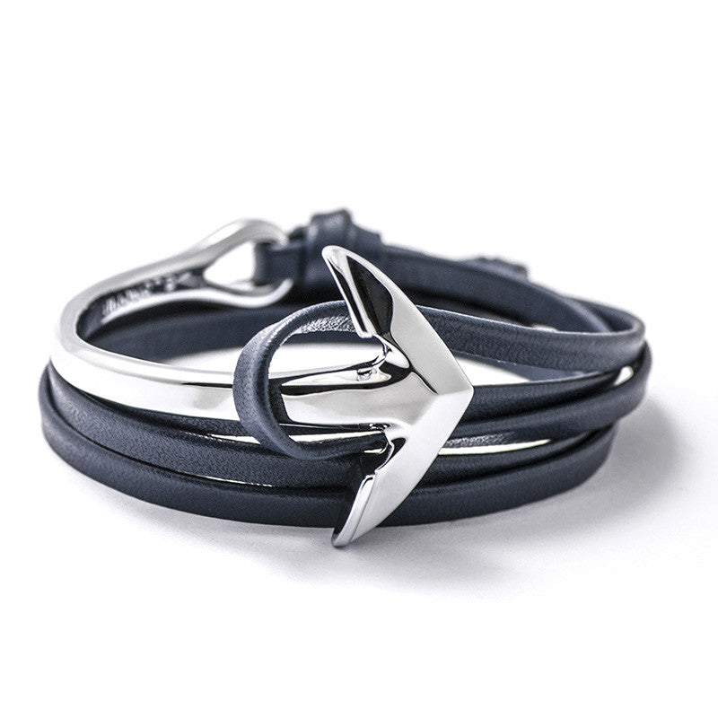 Silver Anchor Half-cuff On Navy Leather Bracelet - BIJOUONE