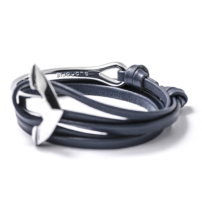 Silver Anchor Half-cuff On Navy Leather Bracelet - BIJOUONE