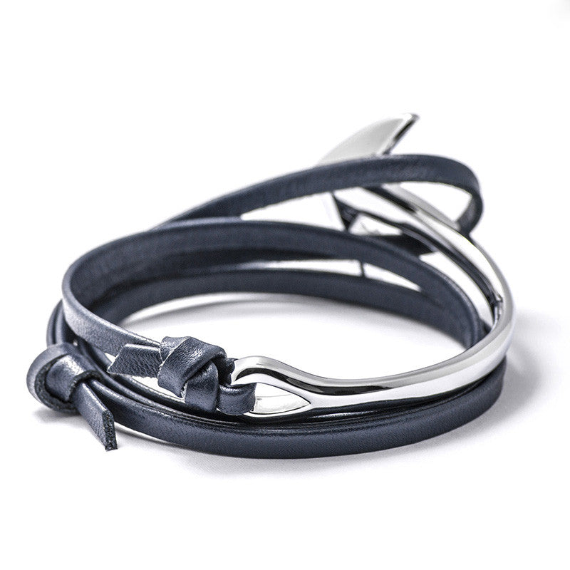 Silver Anchor Half-cuff On Navy Leather Bracelet - BIJOUONE