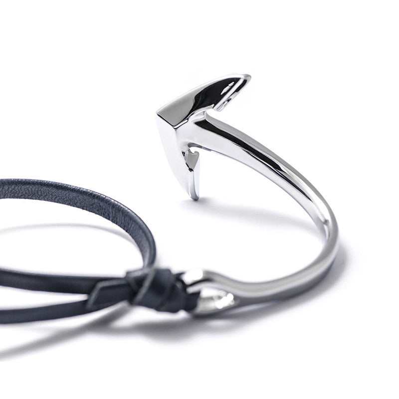 Silver Anchor Half-cuff On Navy Leather Bracelet - BIJOUONE