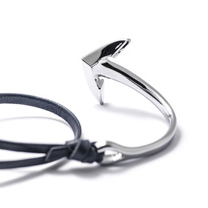 Silver Anchor Half-cuff On Navy Leather Bracelet - BIJOUONE
