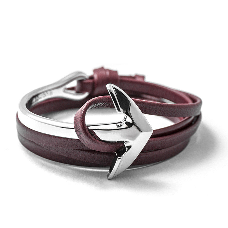 Silver Anchor Half-cuff On Burgundy Leather Bracelet - BIJOUONE