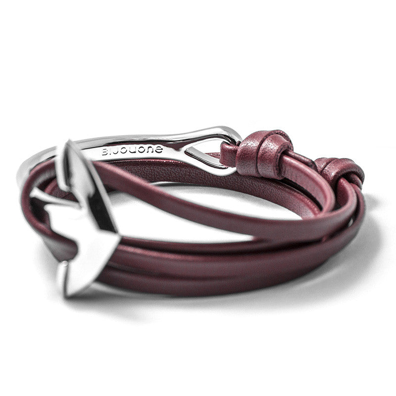 Silver Anchor Half-cuff On Burgundy Leather Bracelet - BIJOUONE