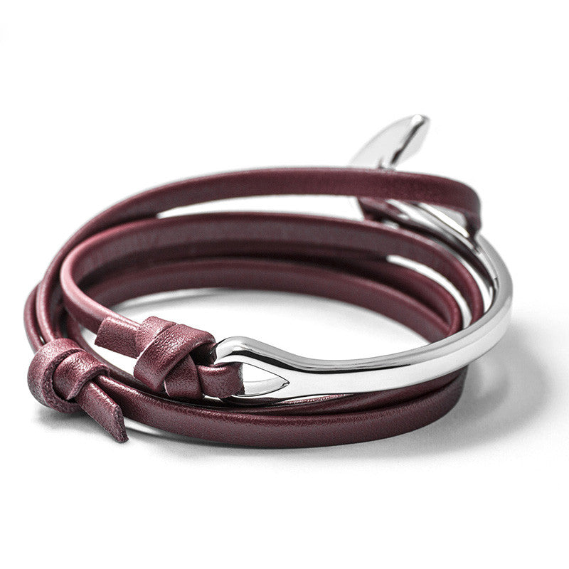 Silver Anchor Half-cuff On Burgundy Leather Bracelet - BIJOUONE