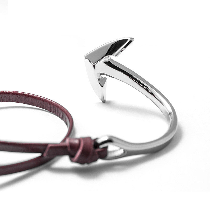 Silver Anchor Half-cuff On Burgundy Leather Bracelet - BIJOUONE