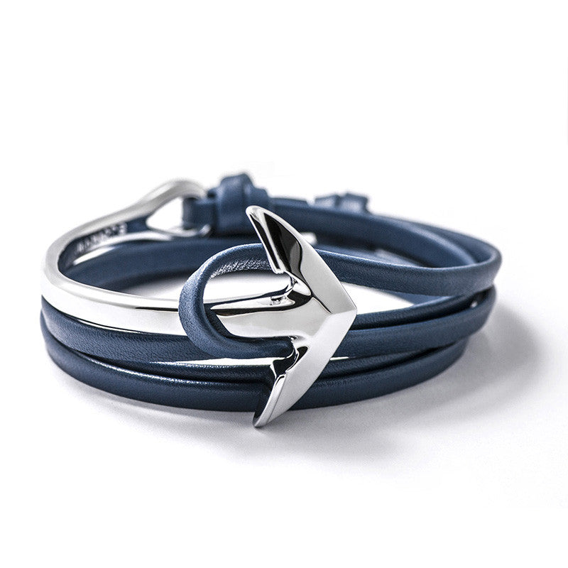 Silver Anchor Half-cuff On Blue Leather Bracelet - BIJOUONE