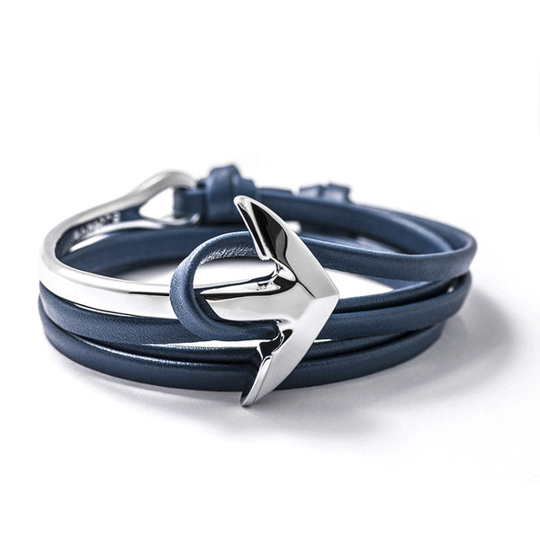 Silver Anchor Half-cuff On Blue Leather Bracelet - BIJOUONE