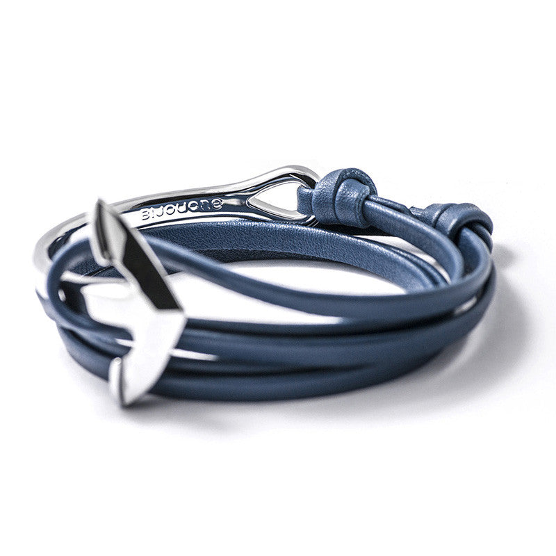 Silver Anchor Half-cuff On Blue Leather Bracelet - BIJOUONE