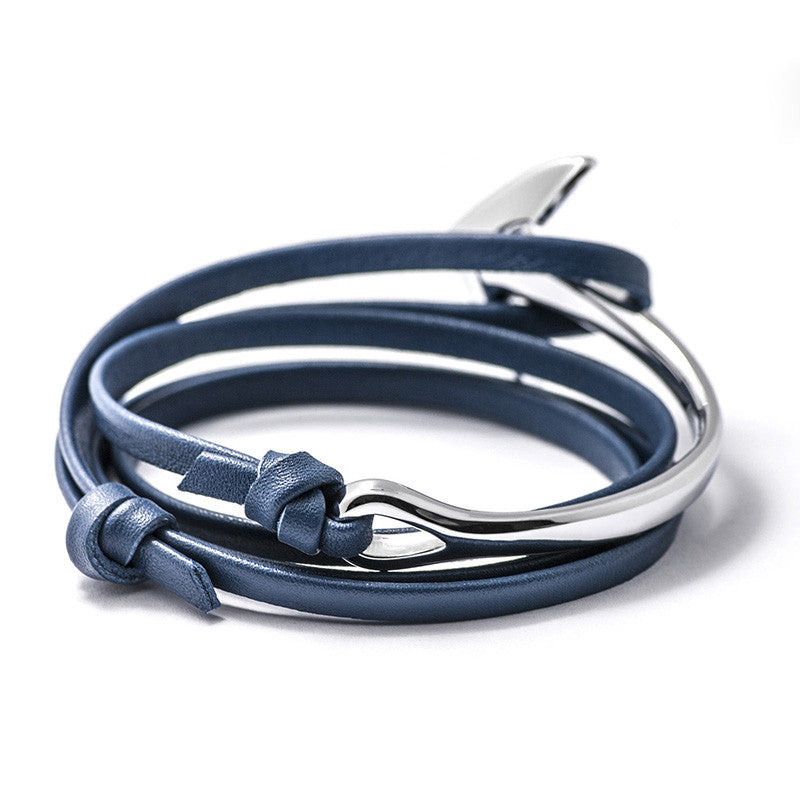 Silver Anchor Half-cuff On Blue Leather Bracelet - BIJOUONE