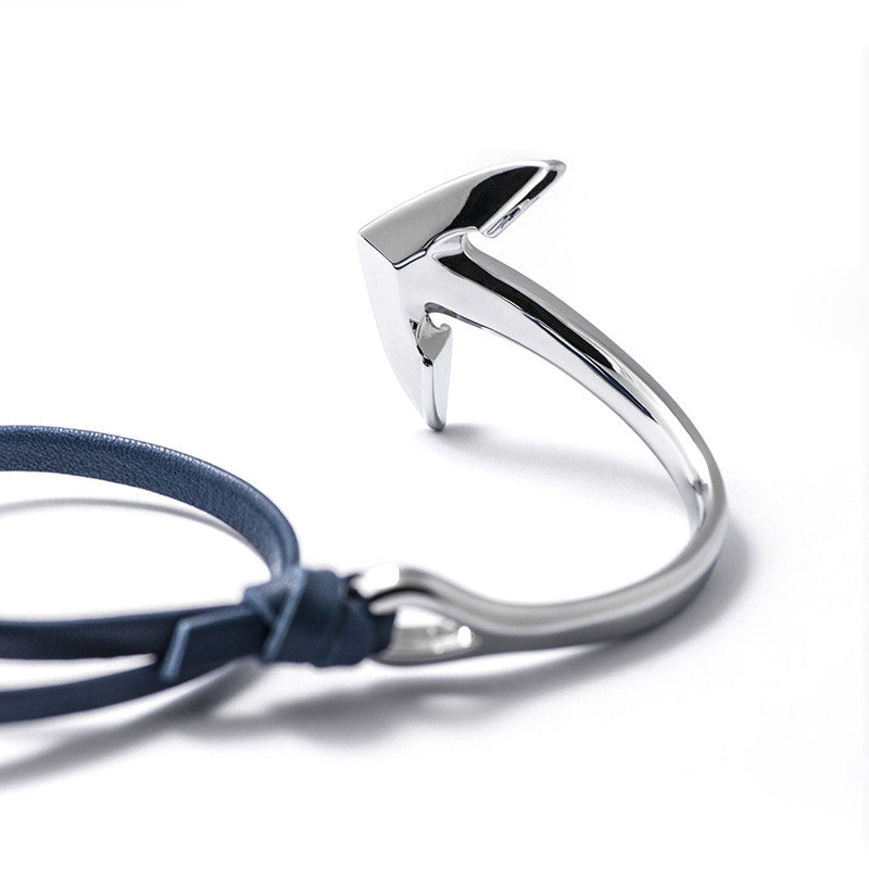 Silver Anchor Half-cuff On Blue Leather Bracelet - BIJOUONE