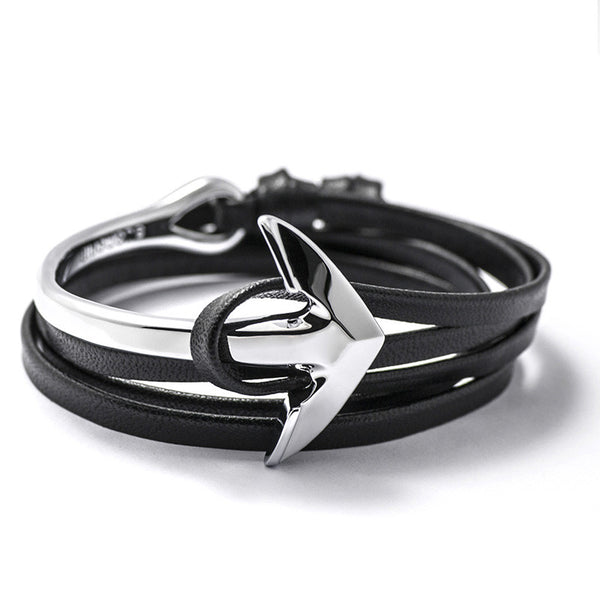 Silver Anchor Half-cuff On Black Leather Bracelet - BIJOUONE