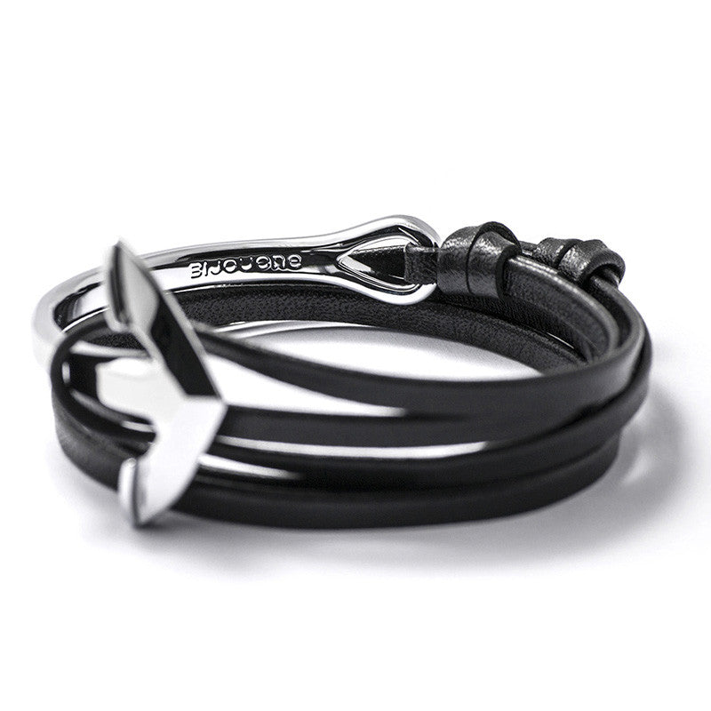 Silver Anchor Half-cuff On Black Leather Bracelet - BIJOUONE