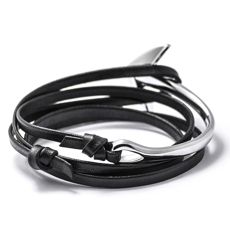 Silver Anchor Half-cuff On Black Leather Bracelet - BIJOUONE