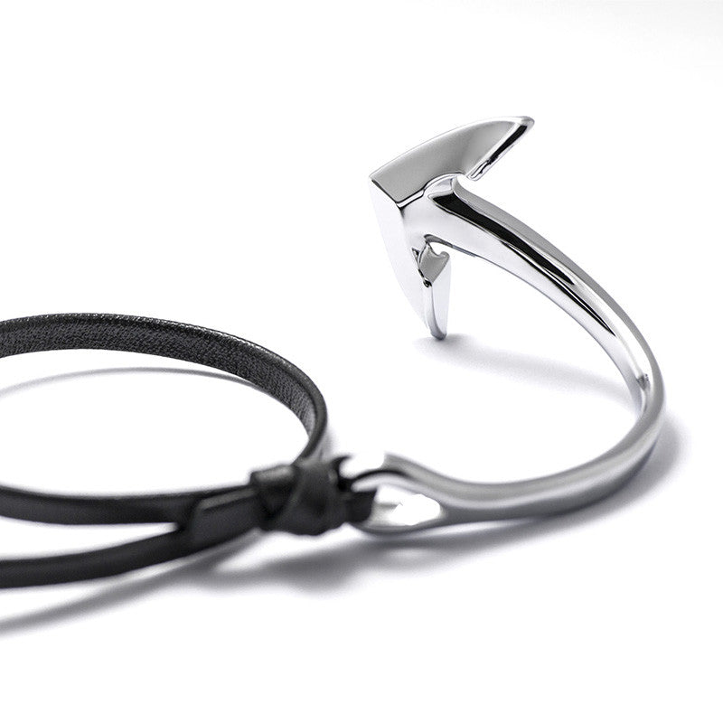 Silver Anchor Half-cuff On Black Leather Bracelet - BIJOUONE
