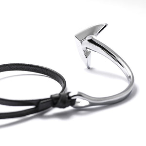 Silver Anchor Half-cuff On Black Leather Bracelet - BIJOUONE