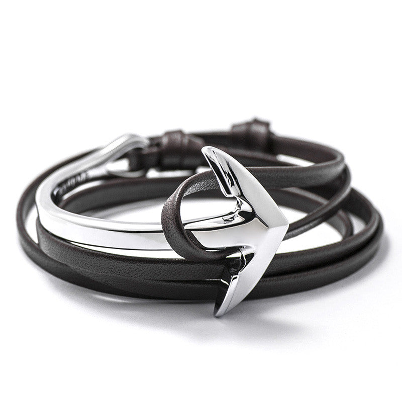 Silver Anchor Half-cuff On Dark Coffee Leather Bracelet - BIJOUONE