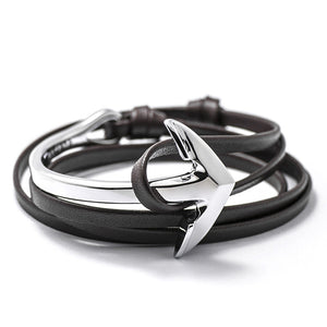 Silver Anchor Half-cuff On Dark Coffee Leather Bracelet - BIJOUONE