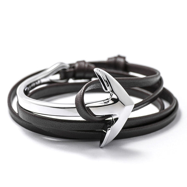 Silver Anchor Half-cuff On Dark Coffee Leather Bracelet - BIJOUONE