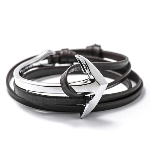 Silver Anchor Half-cuff On Dark Coffee Leather Bracelet - BIJOUONE