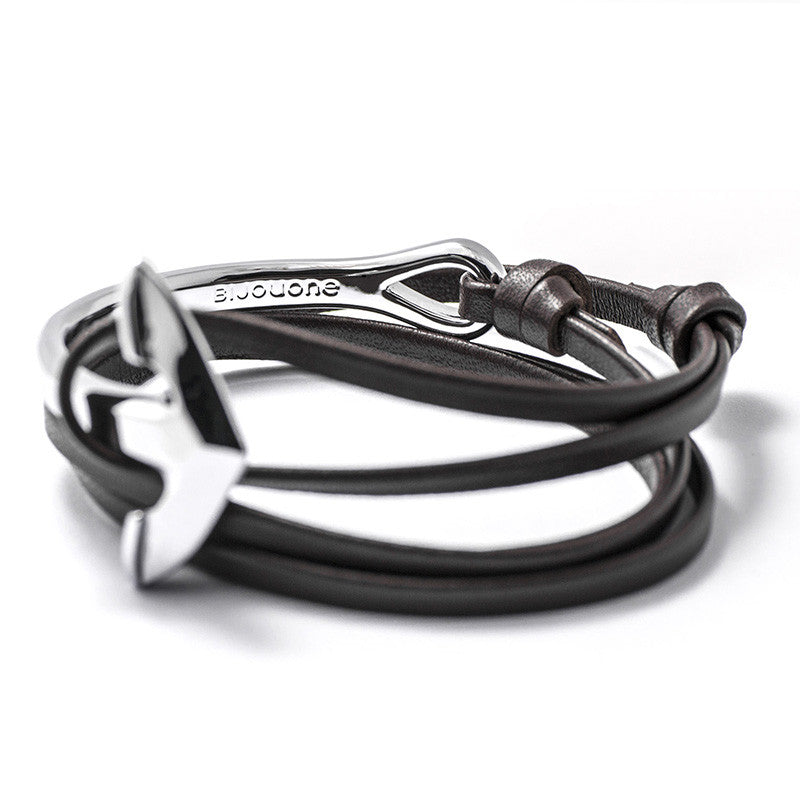 Silver Anchor Half-cuff On Dark Coffee Leather Bracelet - BIJOUONE