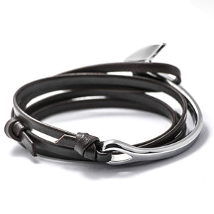 Silver Anchor Half-cuff On Dark Coffee Leather Bracelet - BIJOUONE