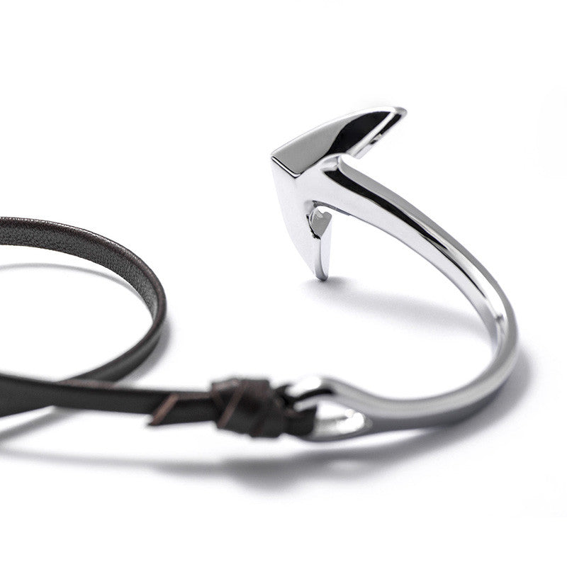 Silver Anchor Half-cuff On Dark Coffee Leather Bracelet - BIJOUONE