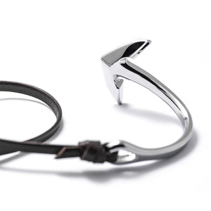 Silver Anchor Half-cuff On Dark Coffee Leather Bracelet - BIJOUONE
