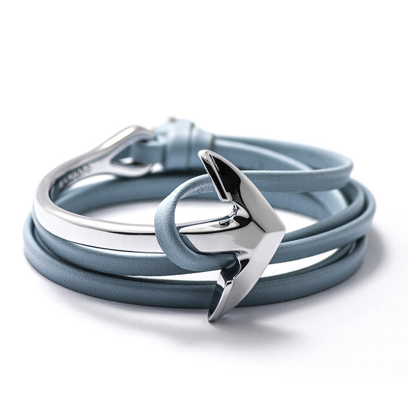 Silver Anchor Half-cuff On Baby Blue Leather Bracelet - BIJOUONE