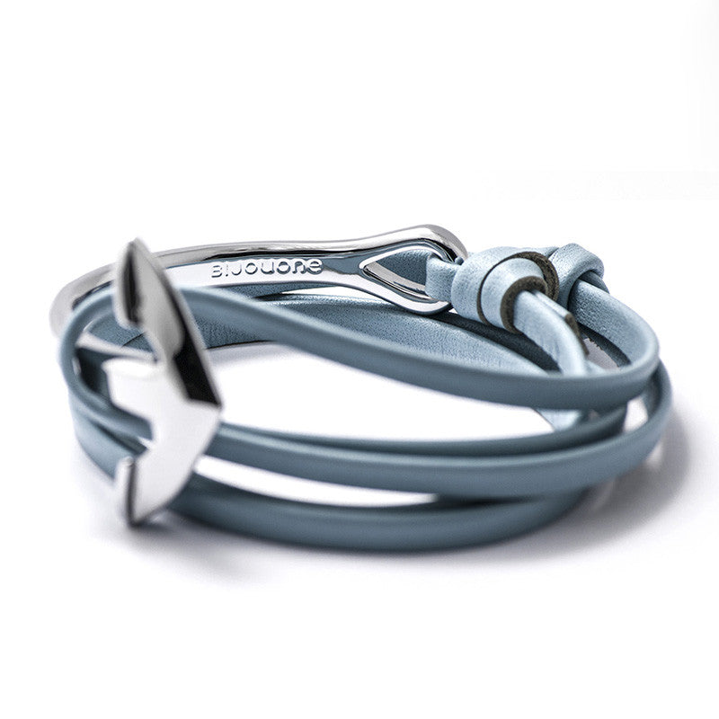 Silver Anchor Half-cuff On Baby Blue Leather Bracelet - BIJOUONE