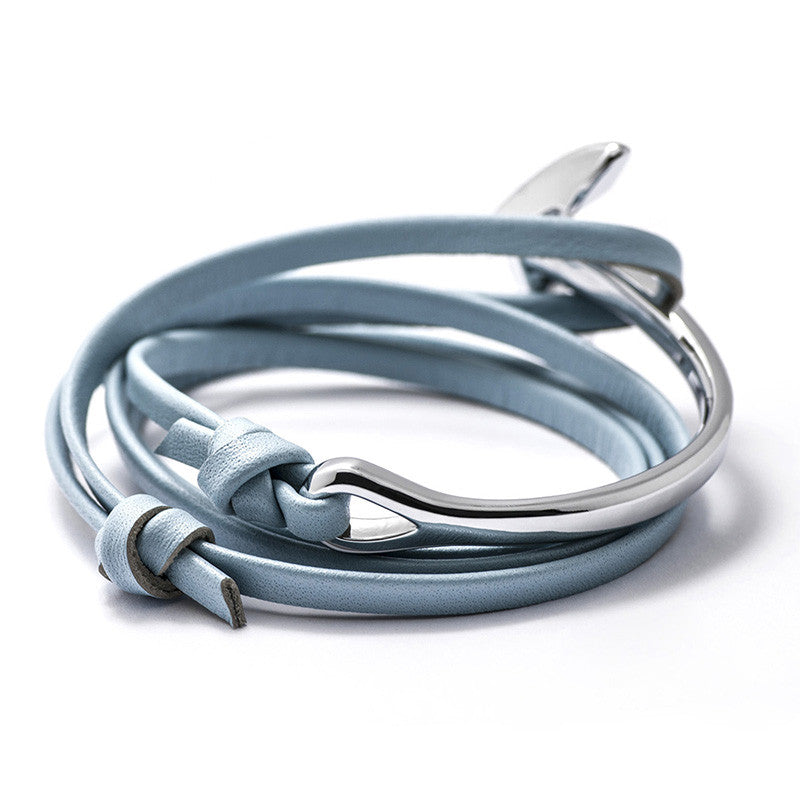 Silver Anchor Half-cuff On Baby Blue Leather Bracelet - BIJOUONE