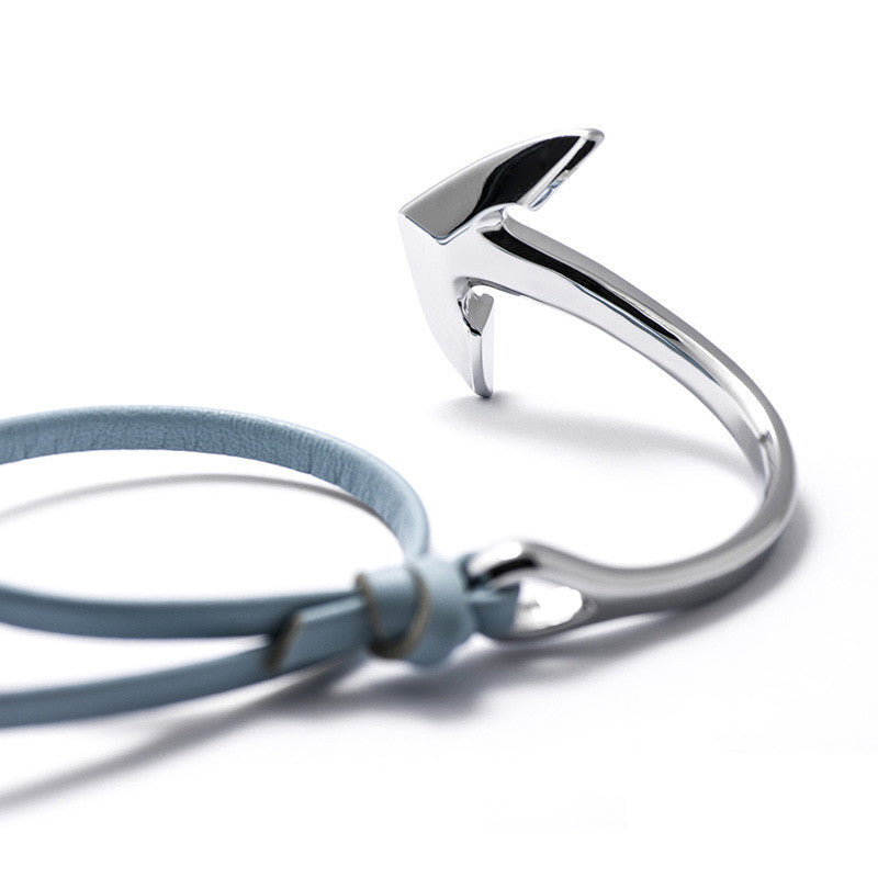 Silver Anchor Half-cuff On Baby Blue Leather Bracelet - BIJOUONE