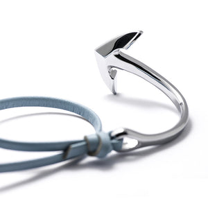 Silver Anchor Half-cuff On Baby Blue Leather Bracelet - BIJOUONE