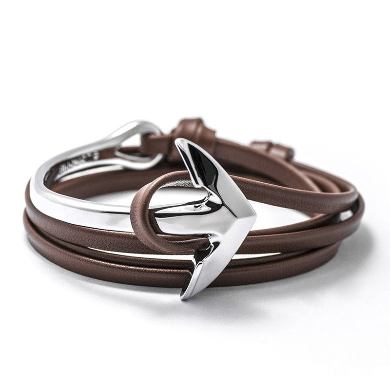 Silver Anchor Half-cuff On Brown Leather Bracelet - BIJOUONE