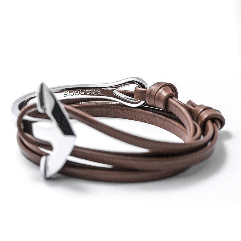 Silver Anchor Half-cuff On Brown Leather Bracelet - BIJOUONE