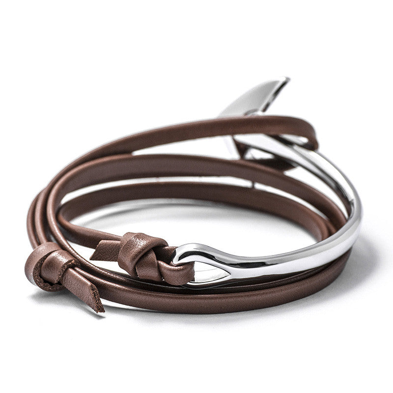 Silver Anchor Half-cuff On Brown Leather Bracelet - BIJOUONE