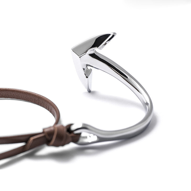 Silver Anchor Half-cuff On Brown Leather Bracelet - BIJOUONE