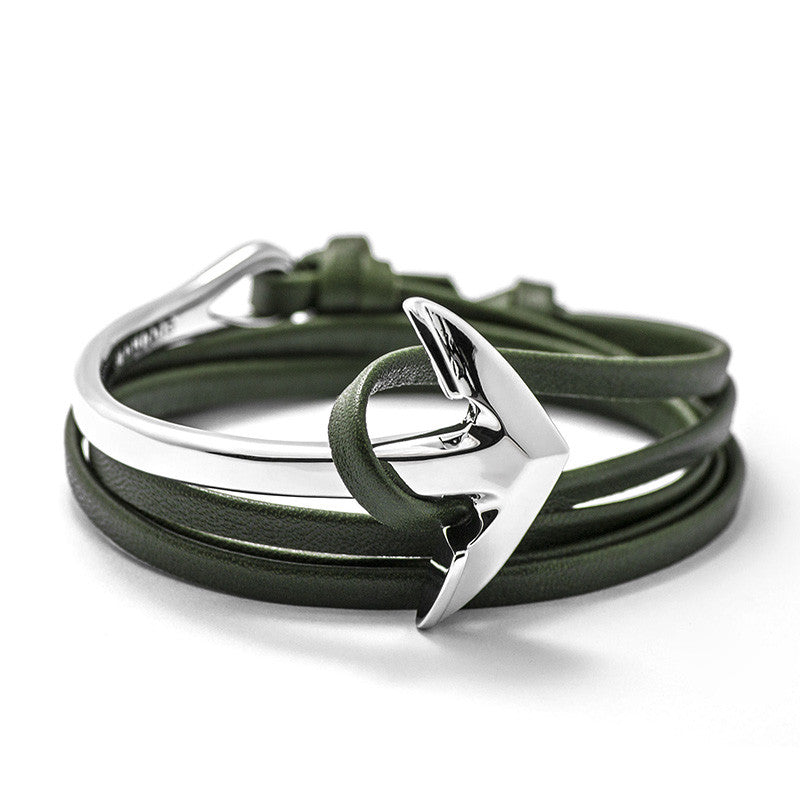 Silver Anchor Half-cuff On Hunter Green Leather Bracelet - BIJOUONE