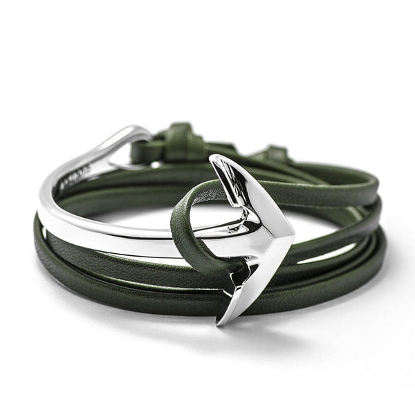 Silver Anchor Half-cuff On Hunter Green Leather Bracelet - BIJOUONE