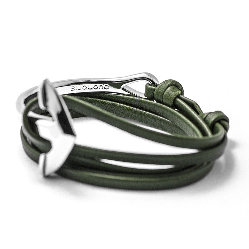 Silver Anchor Half-cuff On Hunter Green Leather Bracelet - BIJOUONE