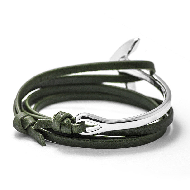 Silver Anchor Half-cuff On Hunter Green Leather Bracelet - BIJOUONE