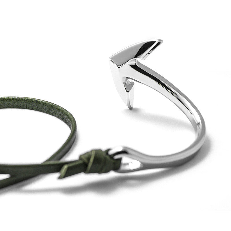 Silver Anchor Half-cuff On Hunter Green Leather Bracelet - BIJOUONE