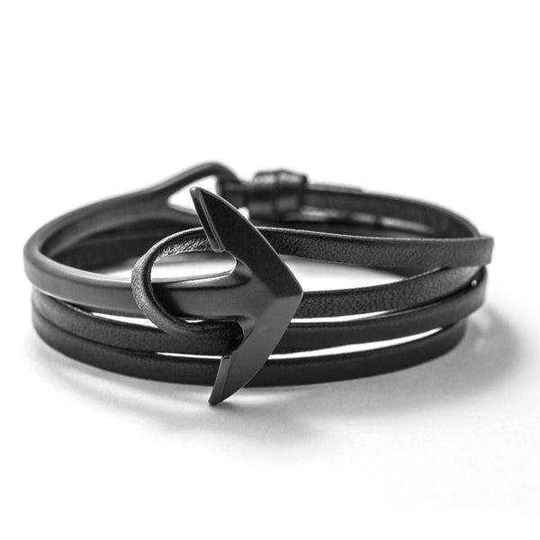 Matte Black Anchor Half-cuff On Black Leather Bracelet - BIJOUONE