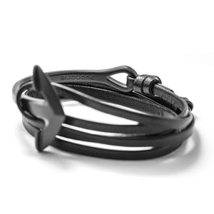 Matte Black Anchor Half-cuff On Black Leather Bracelet - BIJOUONE