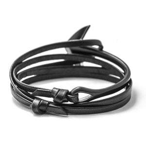 Matte Black Anchor Half-cuff On Black Leather Bracelet - BIJOUONE