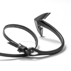 Matte Black Anchor Half-cuff On Black Leather Bracelet - BIJOUONE
