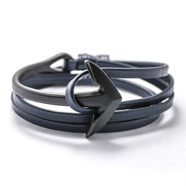 Matte Black Anchor Half-cuff On Navy Leather Bracelet - BIJOUONE