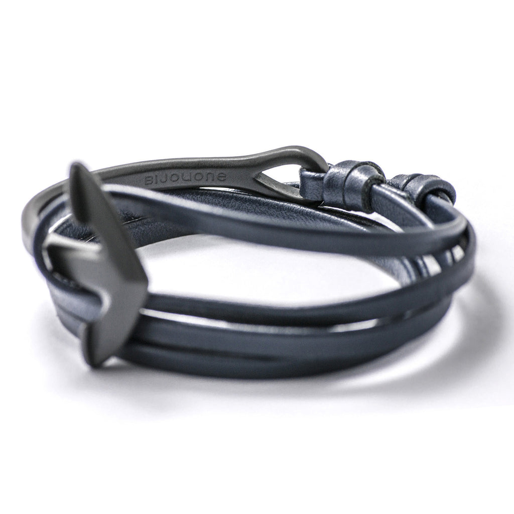 Matte Black Anchor Half-cuff On Navy Leather Bracelet - BIJOUONE