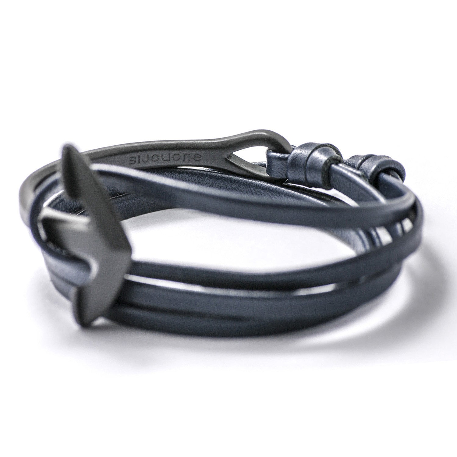 Matte Black Anchor Half-cuff On Navy Leather Bracelet - BIJOUONE