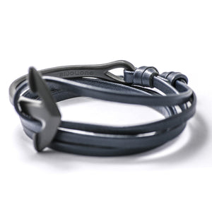 Matte Black Anchor Half-cuff On Navy Leather Bracelet - BIJOUONE