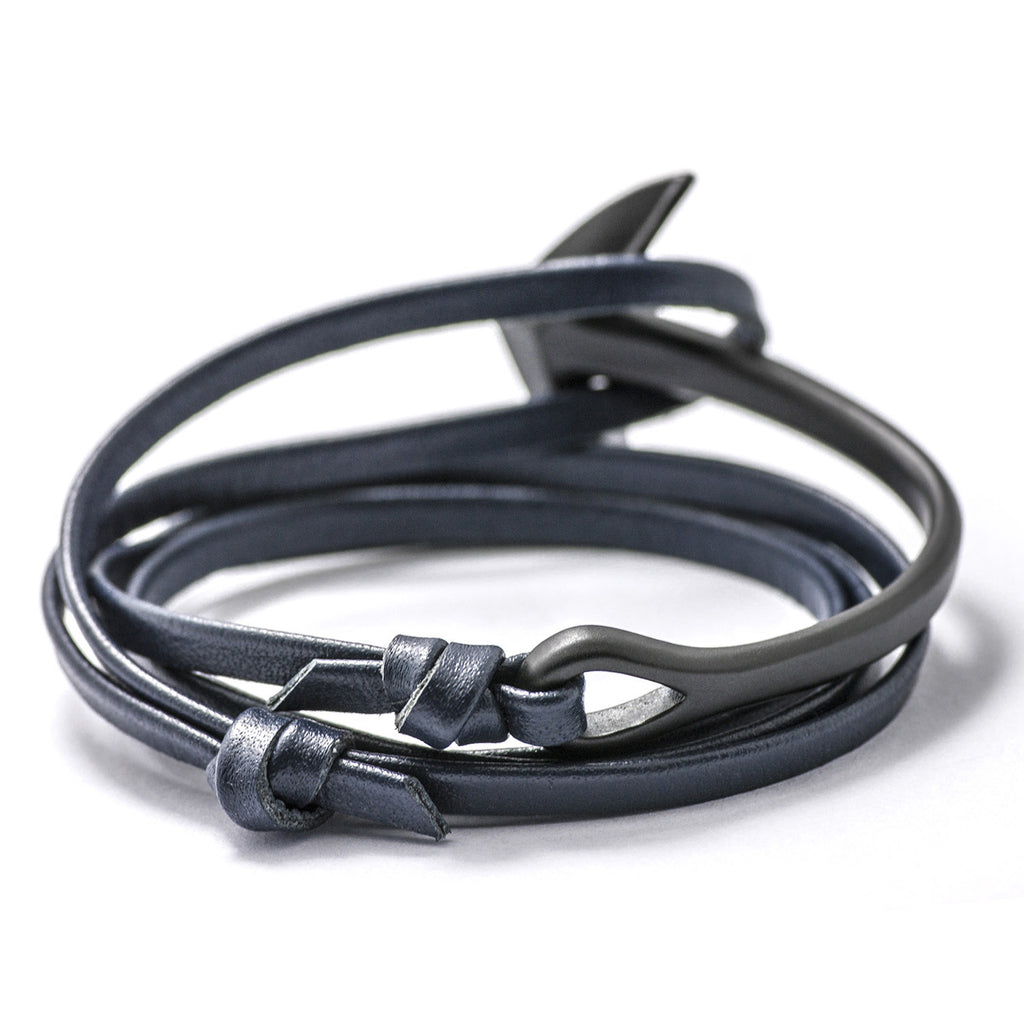 Matte Black Anchor Half-cuff On Navy Leather Bracelet - BIJOUONE